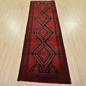 Baloch Runner 3&#39;1&#39;&#39; x 9&#39;4&#39;&#39; Red Wool Tribal Geometric Hand-Knotted Oriental Rug