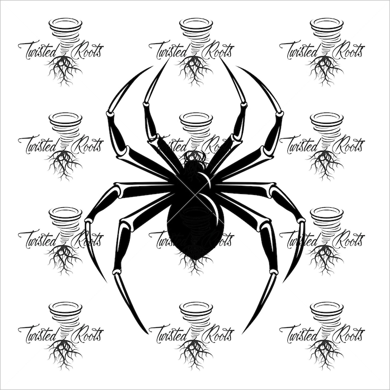 a large black spider with intricate root patterns, surrounded by smaller spider and root designs.
