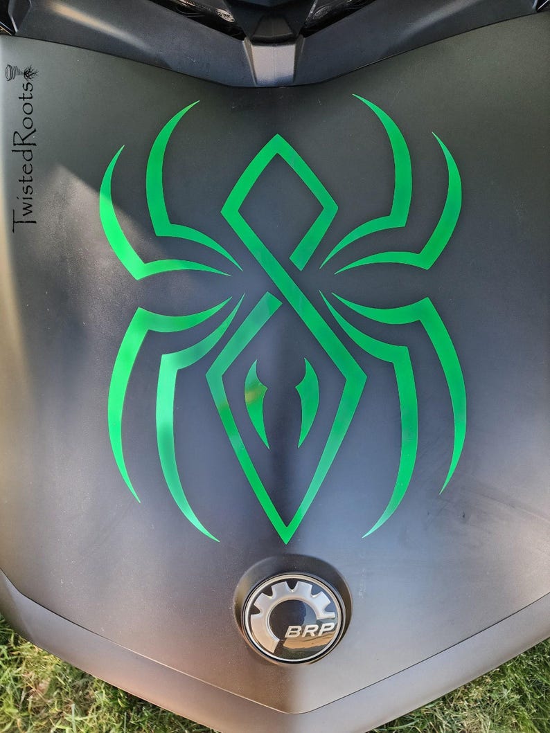 a close-up view of a motorcycle's front end, showcasing a distinctive green and black design on the hood.