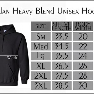 The image is a size chart for a Gildan Heavy Blend Unisex Hoodie, showing the measurements for different sizes.