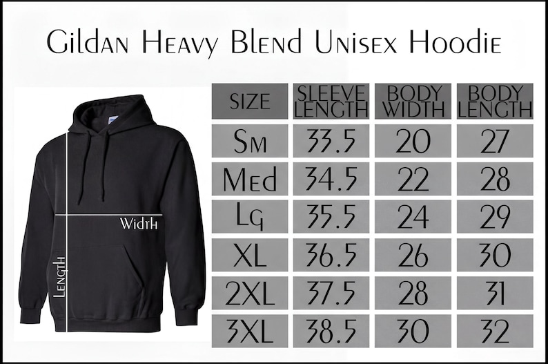 The image is a size chart for a Gildan Heavy Blend Unisex Hoodie, showing the measurements for different sizes.