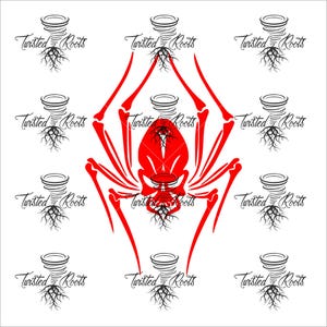 a red spider with its eight legs spread out, surrounded by the text "Twisted Roots" in a stylized font.