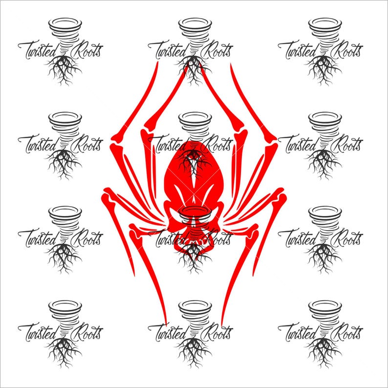 a red spider with its eight legs spread out, surrounded by the text "Twisted Roots" in a stylized font.