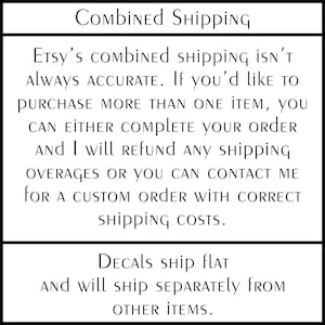 text that provides information about the shipping process for a seller on Etsy. It mentions that combined shipping is not always accurate and that customers can either complete their order and receive a refund or contact the seller for a custom order with correct shipping costs. The seller also mentions that decals ship flat and will ship separately from other items. The image does not contain any visual content, such as images or text, and does not depict any actions or scenes.