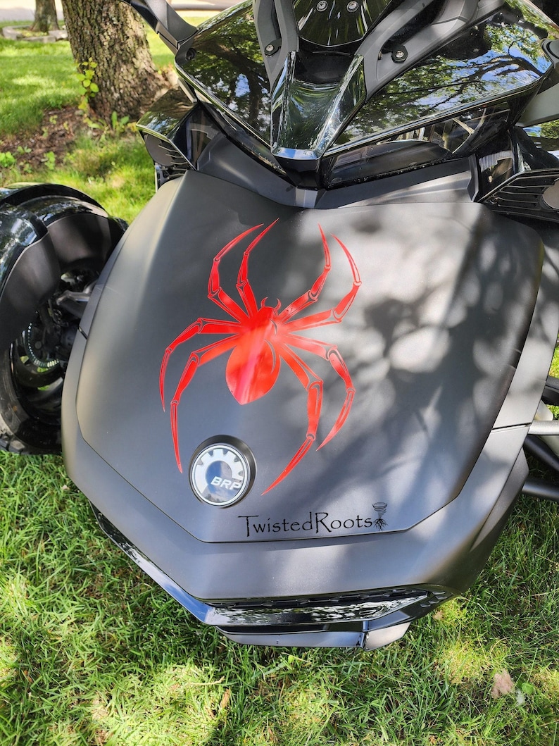 A black three-wheeled motorcycle with a red spider design on the front, parked on a grassy area.