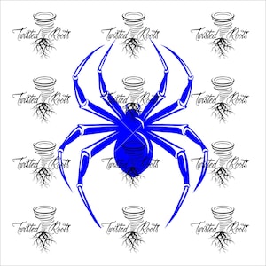 a blue spider with intricate roots and text surrounding it, creating a visually striking and cohesive design.
