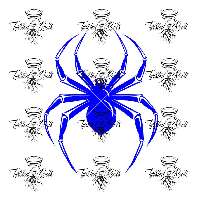 a blue spider with intricate roots and text surrounding it, creating a visually striking and cohesive design.