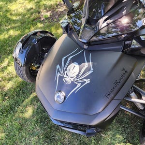 A black three-wheeled motorcycle with a skull and spider design on the front, parked on a grassy area.