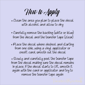 The image provides step-by-step instructions on how to apply a decal, including cleaning the area, removing backing, placing the decal, and removing the transfer tape.