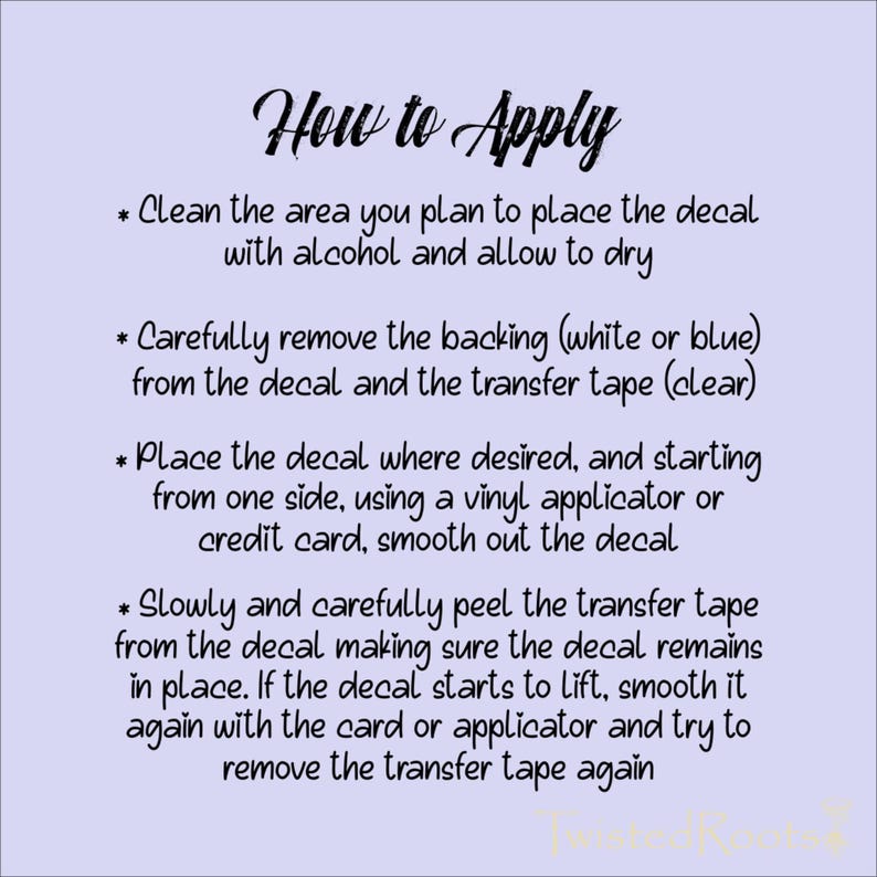 The image provides step-by-step instructions on how to apply a decal, including cleaning the area, removing backing, placing the decal, and removing the transfer tape.