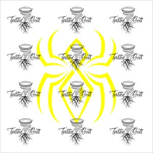 a repeating pattern of stylized spider and root designs in yellow and black, with the text "Twisted Roots" written in a decorative font.