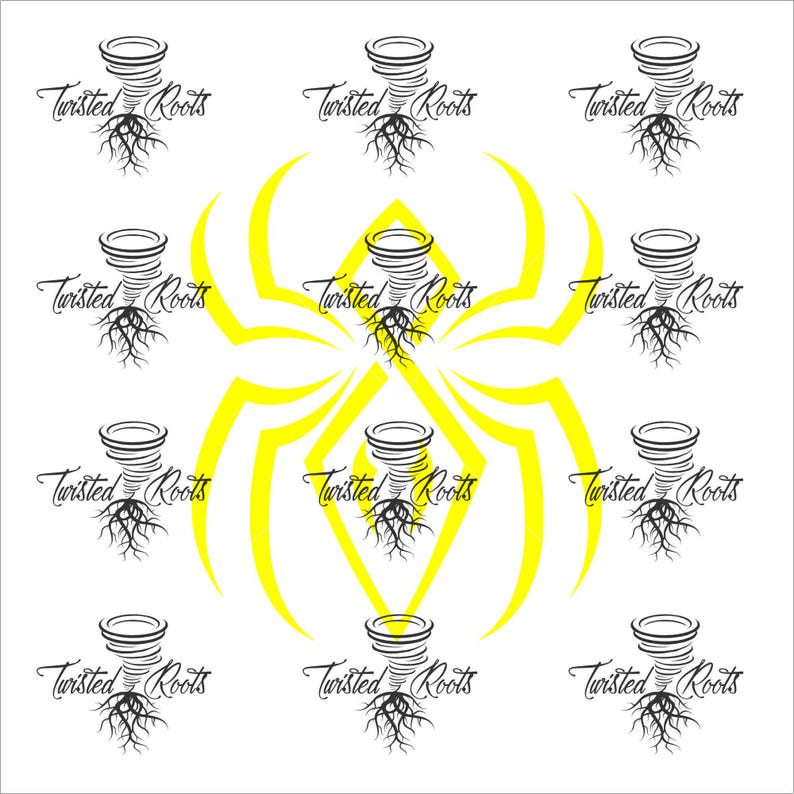 a repeating pattern of stylized spider and root designs in yellow and black, with the text "Twisted Roots" written in a decorative font.