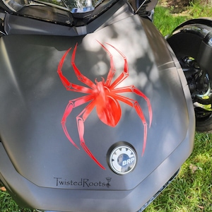 A close-up view of a motorcycle with a red spider design on the front fender, parked on a grassy area.