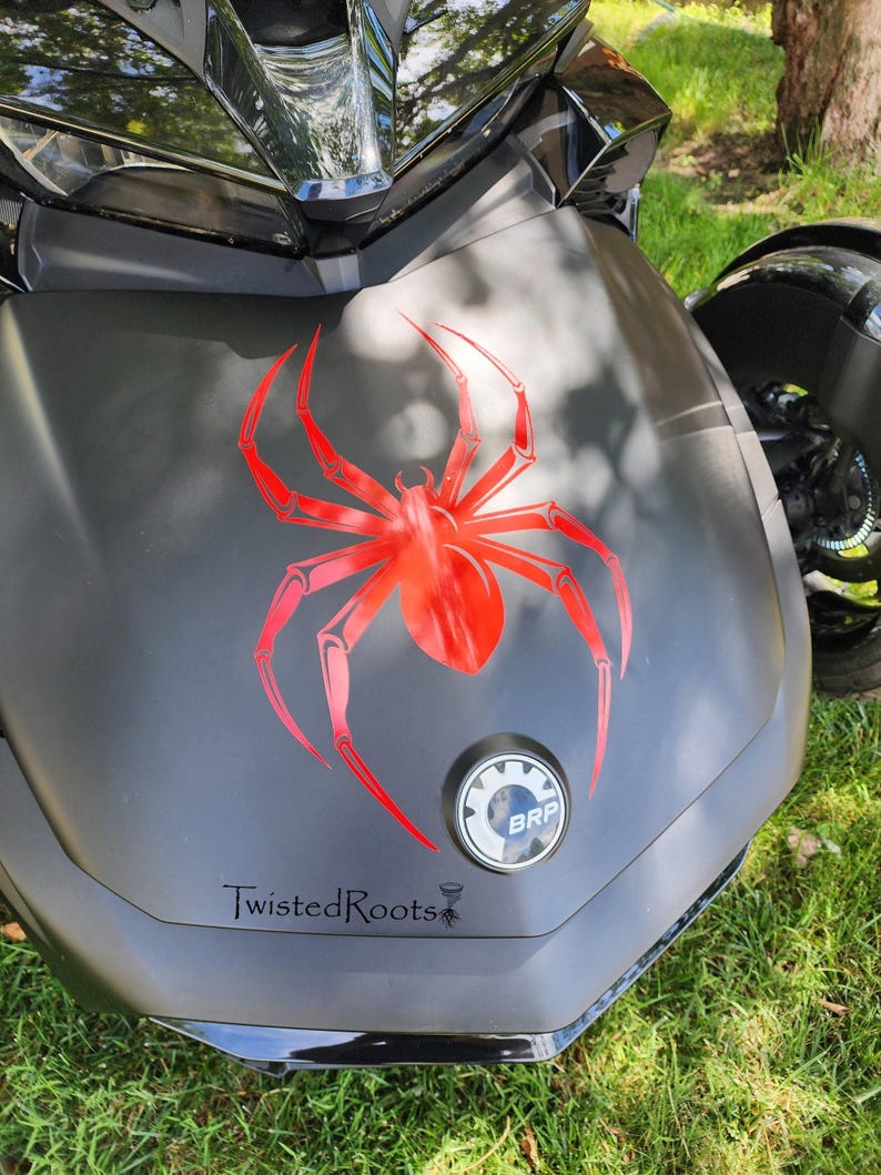 A close-up view of a motorcycle with a red spider design on the front fender, parked on a grassy area.