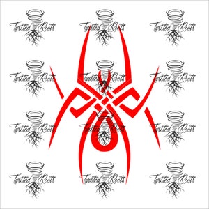 May include: A repeating pattern of black tornado icons with roots at the base and the text Twisted Roots, centered with a large, bold, red tribal-style spider graphic. The design features sharp, angular lines and a symmetrical layout on a white background.