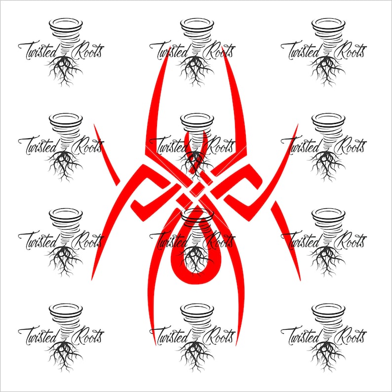 May include: A repeating pattern of black tornado icons with roots at the base and the text Twisted Roots, centered with a large, bold, red tribal-style spider graphic. The design features sharp, angular lines and a symmetrical layout on a white background.