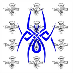 May include: A large, bright blue tribal-style spider graphic centered on a white background, surrounded by a repeating pattern of small black tornado icons with exposed roots and the text Twisted Roots written in a cursive script font.