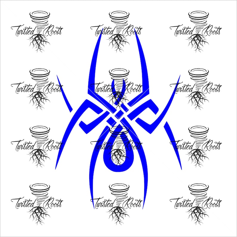 May include: A large, bright blue tribal-style spider graphic centered on a white background, surrounded by a repeating pattern of small black tornado icons with exposed roots and the text Twisted Roots written in a cursive script font.