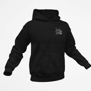A black hoodie with a logo on the front.