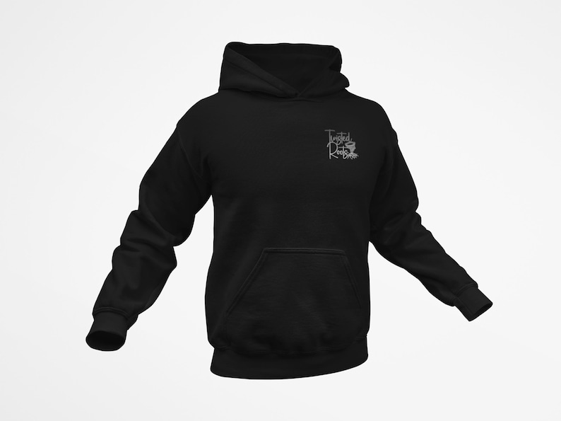 A black hoodie with a logo on the front.