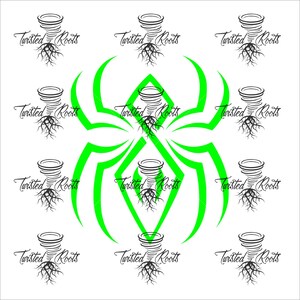 a repeating pattern of stylized green spider-like shapes with black outlines, accompanied by the text "Twisted Roots" written in a stylized font.