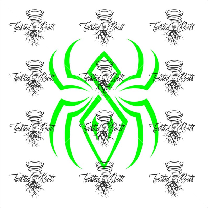 a repeating pattern of stylized green spider-like shapes with black outlines, accompanied by the text "Twisted Roots" written in a stylized font.