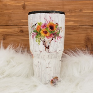 Hand Painted Distressed Tumbler * Bull Skull and Sunflowers, Crackle Tumbler, Gift for Mom, Gift for Wife, Birthday, Wedding Gift