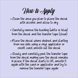 The image provides step-by-step instructions on how to apply a decal, including cleaning the area, removing backing, placing the decal, and removing the transfer tape.