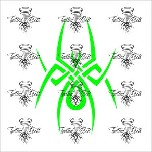 May include: A repeating pattern of black line art icons featuring a tornado shape with roots at the base and the text Twisted Roots, centered with a large, bright neon green stylized spider graphic with sharp, angular legs and a circular body.