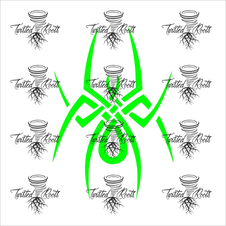 May include: A repeating pattern of black line art icons featuring a tornado shape with roots at the base and the text Twisted Roots, centered with a large, bright neon green stylized spider graphic with sharp, angular legs and a circular body.