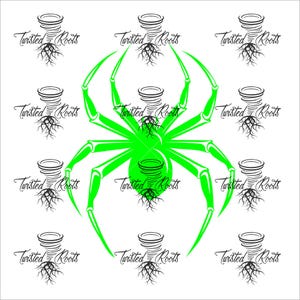 a green spider with a web-like pattern, surrounded by multiple identical spider images with their own web-like patterns.