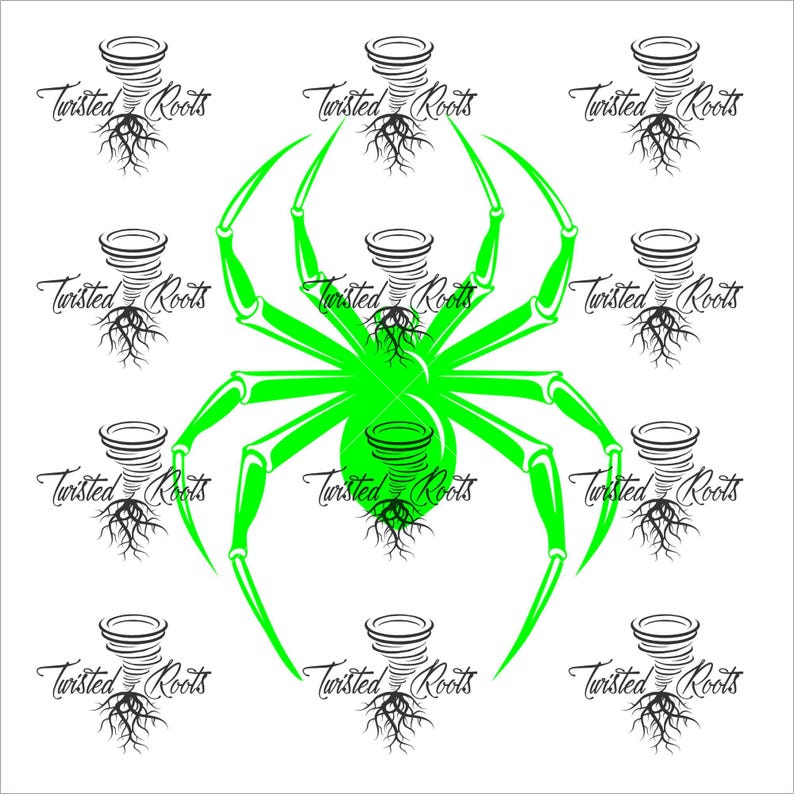 a green spider with a web-like pattern, surrounded by multiple identical spider images with their own web-like patterns.