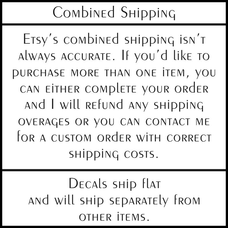 text that provides information about the shipping process for a seller on Etsy. It mentions that combined shipping is not always accurate and that customers can either complete their order and receive a refund or contact the seller for a custom order with correct shipping costs. The seller also mentions that decals ship flat and will ship separately from other items. The image does not contain any visual content, such as images or text, and does not depict any actions or scenes.