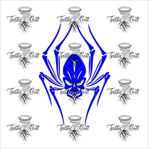 a repeating pattern of stylized blue spider legs and roots, with the text "Twisted Roots" written in a decorative font.