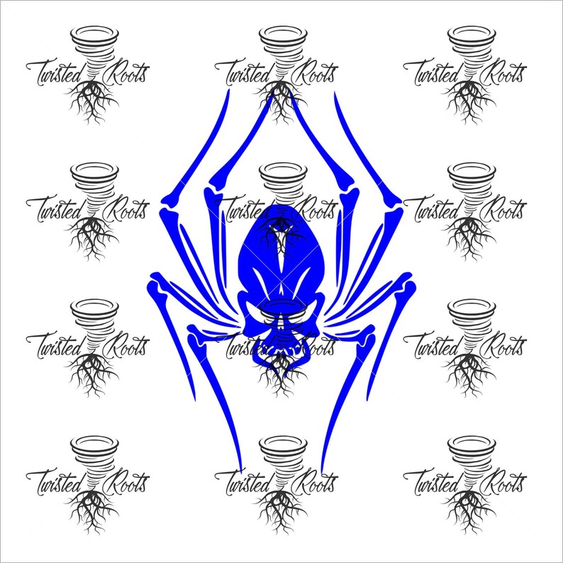 a repeating pattern of stylized blue spider legs and roots, with the text "Twisted Roots" written in a decorative font.