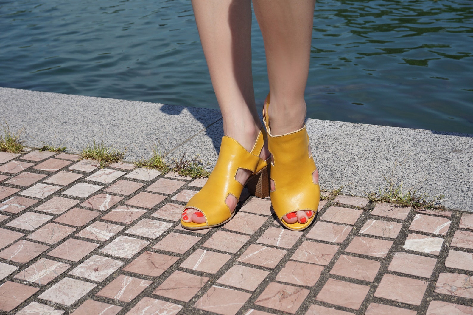 block heel yellow sandals