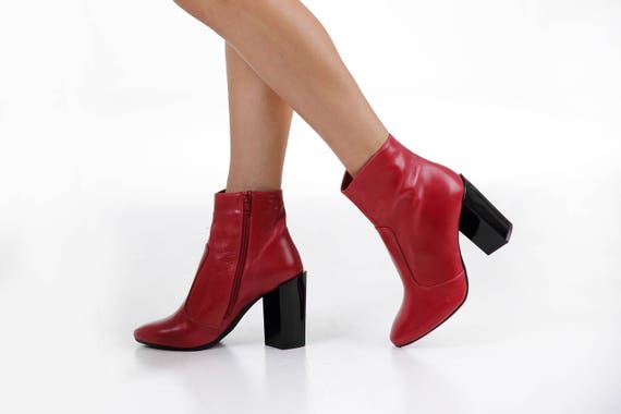 ladies red leather ankle boots