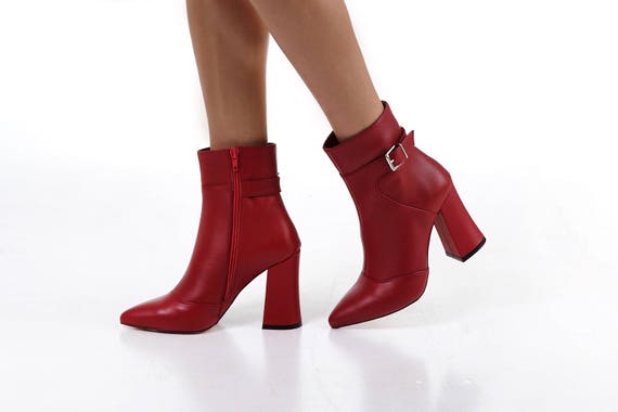 red ankle boots leather