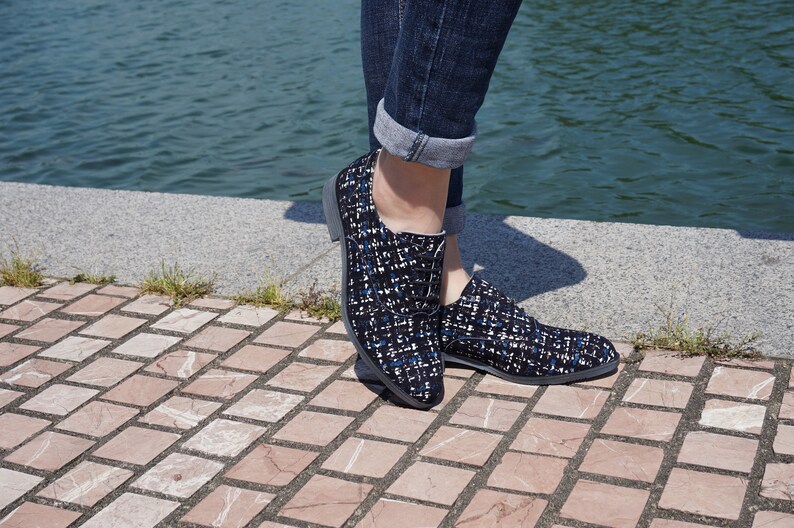 Blue leather shoes Leather Oxford Shoes Suede Oxfords Blue Colorful Print Shoes Women Oxfords Women Leather shoes