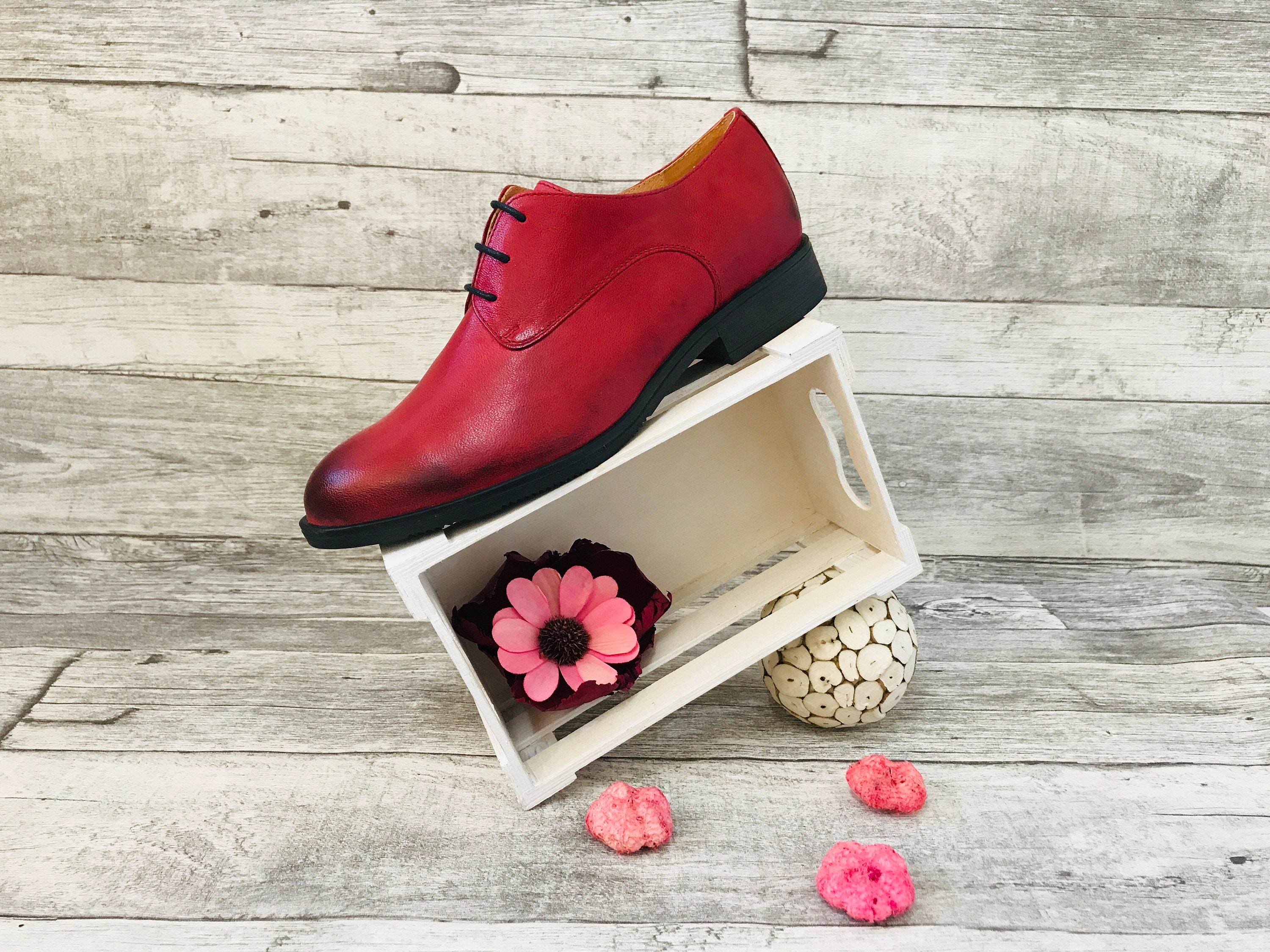 Red Leather Oxford Shoes Red Women 
