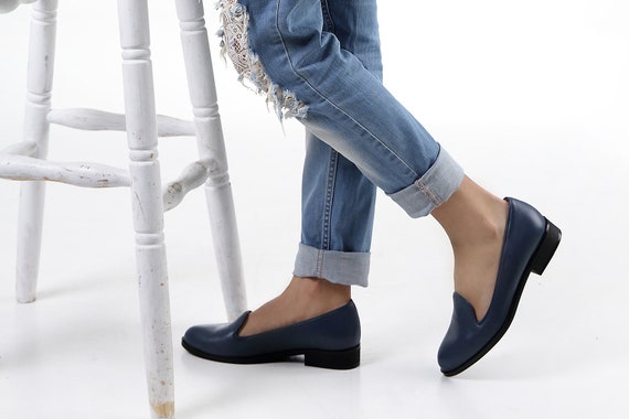 blue leather flat shoes