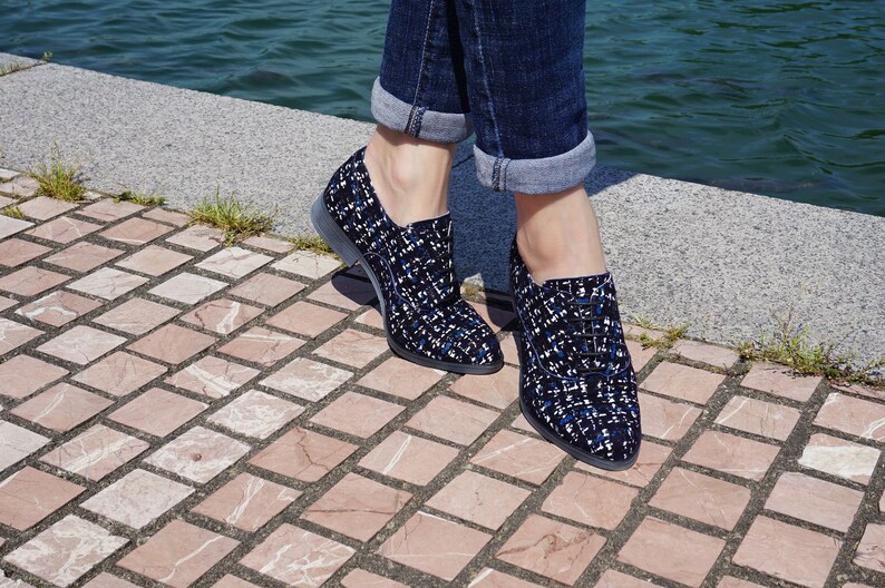 Blue leather shoes Leather Oxford Shoes Suede Oxfords Blue Colorful Print Shoes Women Oxfords Women Leather shoes