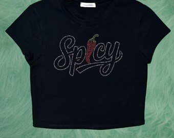 Top corto con pedrería picante, estilo Y2K, camiseta gráfica con letras brillantes, camiseta Y2K personalizada para bebé / estilo retro de la moda urbana de los 2000