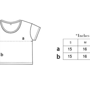 May include: White t-shirt illustration with measurements in inches. The diagram shows the width (a) and length (b) of the shirt, with sizes S, M, and L. Measurements are 15, 16, and 17 inches respectively.