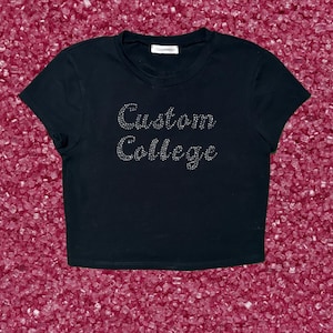 Custom Rhinestone college baby tee crop top, commitment day, tailgate outfit, graduation party gift | University Crop top
