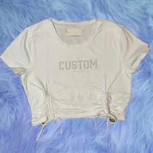 Custom Bling Rhinestone White Tee cropped CROP top Corset style lace- up/short cut tee shirt choose your own text