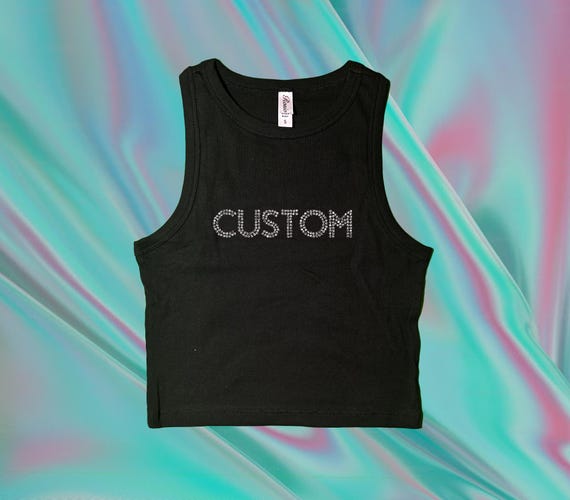 Custom Bling Rhinestone Black Tank cropped CROP top/short cut tee shirt choose your own text