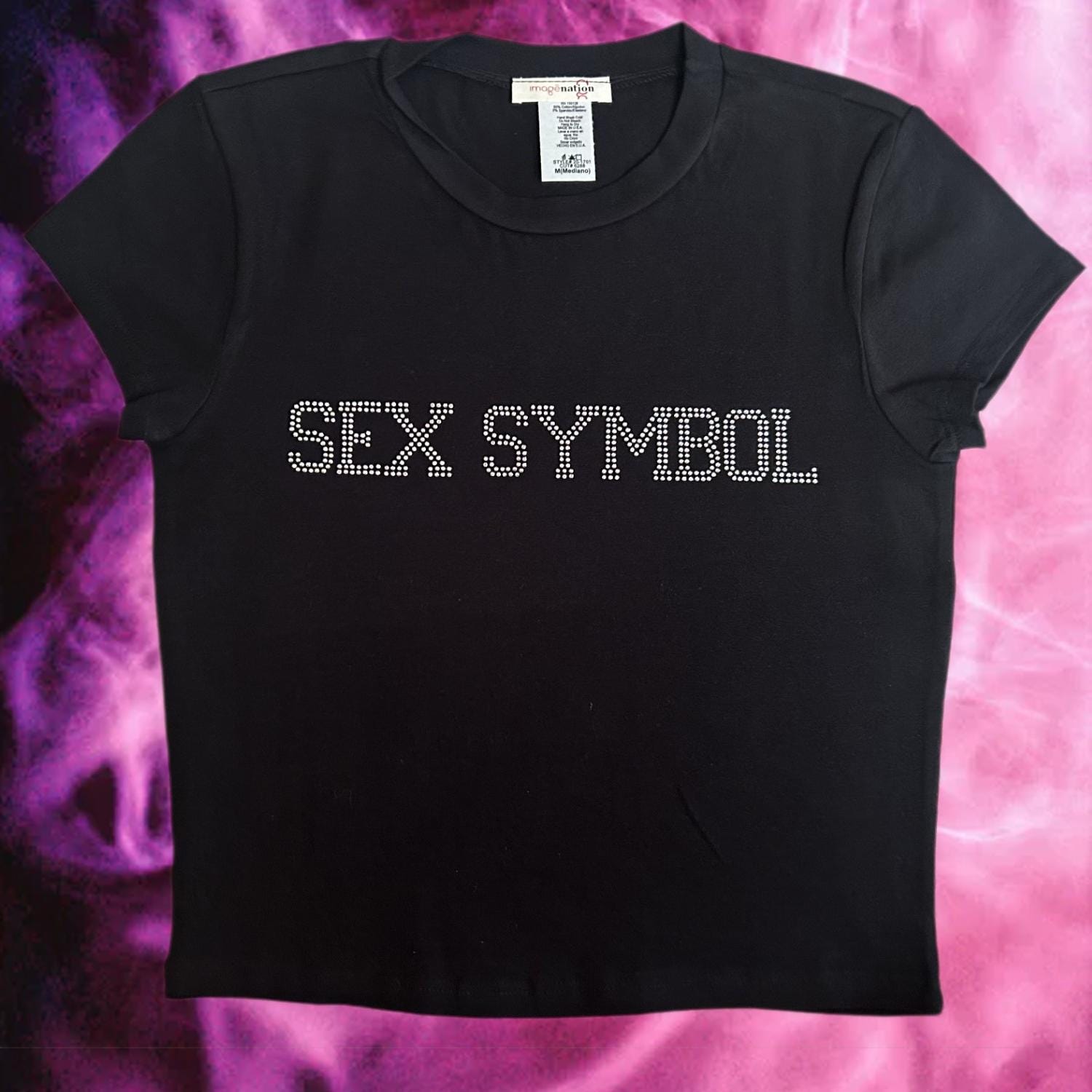 Sex Symbol Rhinestone Y2K Crop Top – Sparkly Retro Graphic Tee