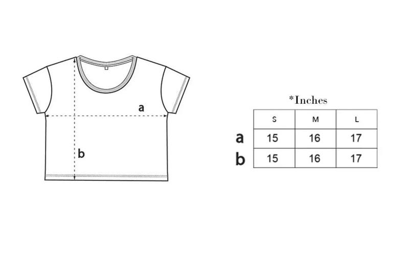 Pode incluir: Ilustra&ccedil;&atilde;o de uma camiseta branca com medidas em cent&iacute;metros. O diagrama mostra a largura (a) e o comprimento (b) da camiseta, com tamanhos S, M e L. As medidas s&atilde;o 38,1, 40,6 e 43,2 cm, respectivamente.