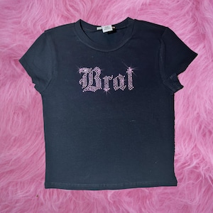 Brat Rhinestone Crop Top with pink rhinestones | Goth Y2K Baby Tee | Vintage-Inspired Bling T-Shirt